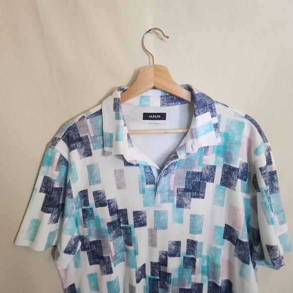 ALFANI Blue & White Square Print Collared Mid Button Short Sleeve Polo Shirt L - Picture 2 of 8